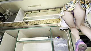 cutie hostess upskirt flashes shaved pussy for extra cash voyeur pov