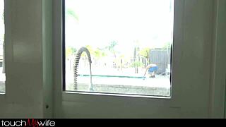 horny housewife ariella ferrera goons over poolboy's monster cock while hubby's watching