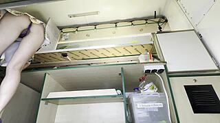 cutie hostess upskirt flashes shaved pussy for extra cash voyeur pov