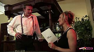 Blonde milf in heels drops fancy act to slobber cock, ride hard, and swallow every drop