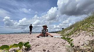 Milf Thrills Flashing Hairy Pussy on Crowded Beach