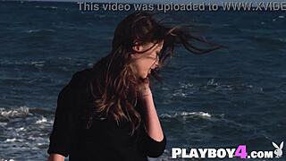 PETITE BRUNETTE BABE STRIPS LINGERIE OUTDOOR POSING FLASHES BIG NATURAL TITS PUSSY NAKED!