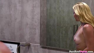 Stepson Watches Blonde Milf Shower. Cougar Gives Deepthroat Blowjob Fuck