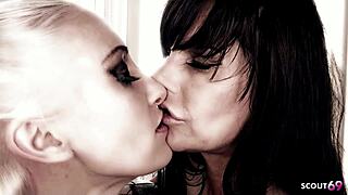 slim blonde teen screams as big tits brunette mature strapons her roughly from behind