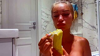 whoa, monika foxxx squirts banana deep in shaved pussy bathroom solo!