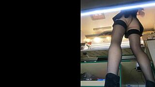 Wow, tall slut's long legs spread in miniskirt thongs!