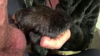 slutty mature deepthroats cum all over black fur coat