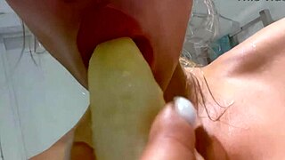 whoa, monika foxxx squirts banana deep in shaved pussy bathroom solo!