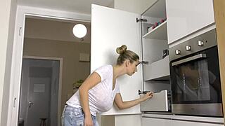 Busty housewife katerina hartlova teases nipples in kitchen stockings heels