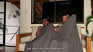 Stepdad Sneaks Behind Wife to Pound Stepson's Wet Milf Pussy in Living Room Creampie Ride