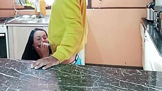 Stepson surprises stepmom with hard kitchen fuck!