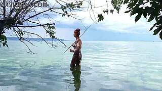 topless fishing harpoon hunt turns public amateur tease outdoors