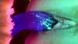 how's this blue-haired girl's pussy stretch on my huge purple dildo?