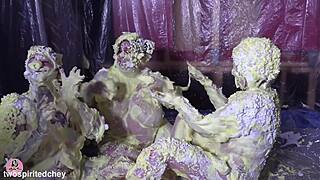three curvy milfs get messy with that spray gunge fun