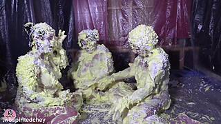 three curvy milfs get messy with that spray gunge fun