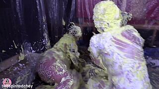 three curvy milfs get messy with that spray gunge fun