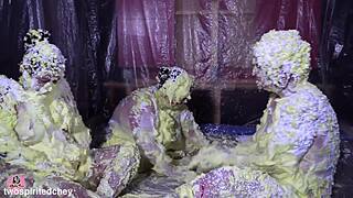 three curvy milfs get messy with that spray gunge fun