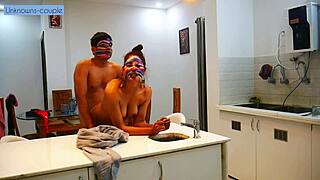 sexy asian maid wife cheats on hubby with young cook in kitchen