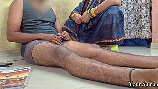 Chubby Indian stepmom catches stepson jerking to porn and rides him cowgirl