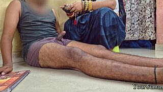 Chubby Indian stepmom catches stepson jerking to porn and rides him cowgirl