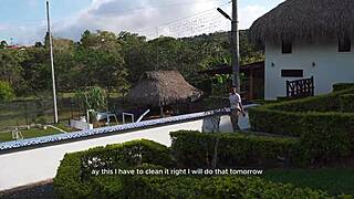 Colombian ebony milf fucks husband's young worker outdoors pool rough