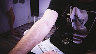 burned him watching porn now handjob slave cums hard!