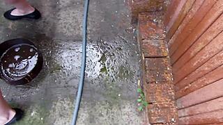 milf, watch me piss in this condom right in the garden