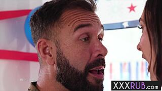 Whoa, naughty milf masseuse gives sloppy blowjob then babe's booty pounded