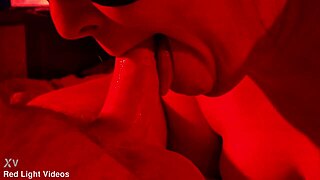 Chubby Milf Wife Delivers Close-Up Sloppy Blowjob in Red Light Quickie