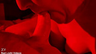 Chubby Milf Wife Delivers Close-Up Sloppy Blowjob in Red Light Quickie