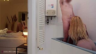 stepmom catches shy stepson's erection in shower and strokes it while stepdad waits