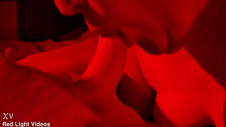 Chubby Milf Wife Delivers Close-Up Sloppy Blowjob in Red Light Quickie