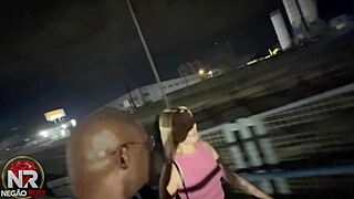 damn this young blonde drops straight to sucking that monster black cock while cruising the city streets