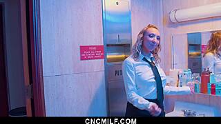 hey bathroom attendant two horny guys bang her hard in threesome