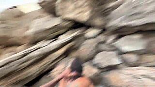 caught on public beach, latina milf couple hides for doggystyle but men cum on face with golden shower