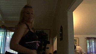 Blonde cougar in fishnets sucks big cock before riding hard