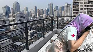 hijab nurse sneaks rooftop public blowjob wet and wild