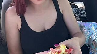 Italian Big Tits Milf Artemisia Love Devours Food Horny In Outdoor Car Fetish!