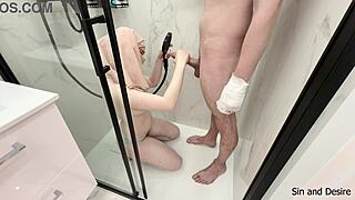 Stepmom jerks off stepson with broken arms to cum