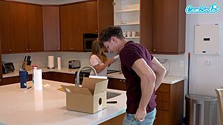 step sis sneaks big tits fun behind step mom's back in kitchen