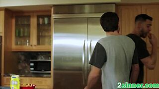imagine a young guy pounding this brunette milf's trimmed pussy in kitchen till orgasm