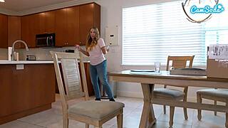 step sis sneaks big tits fun behind step mom's back in kitchen