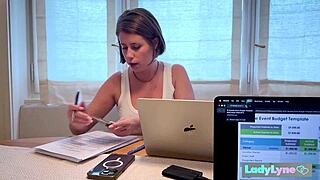brunette office babe lady lyne fingers wet pussy at desk