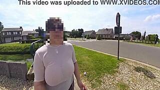 imagine this busty milf braless in see-through top on street?