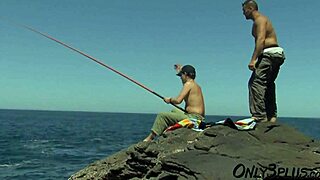 Tanned brunette milf takes double anal pounding on rocky outdoor gangbang