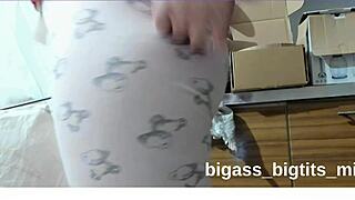bbw amateur bends over in pajamas, fingers her cameltoe pussy close