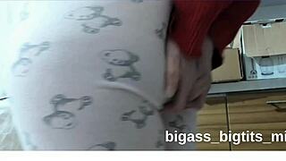 bbw amateur bends over in pajamas, fingers her cameltoe pussy close