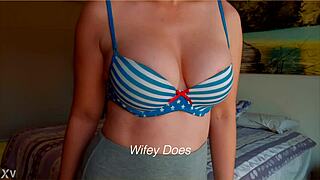 Milf Flashes Huge Natural Tits in Sailor Print Lingerie Bra Outdoors