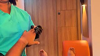 POV Latina Milf Massages Cock with HJ Blowjob Finish