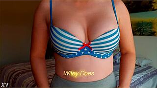 Milf Flashes Huge Natural Tits in Sailor Print Lingerie Bra Outdoors